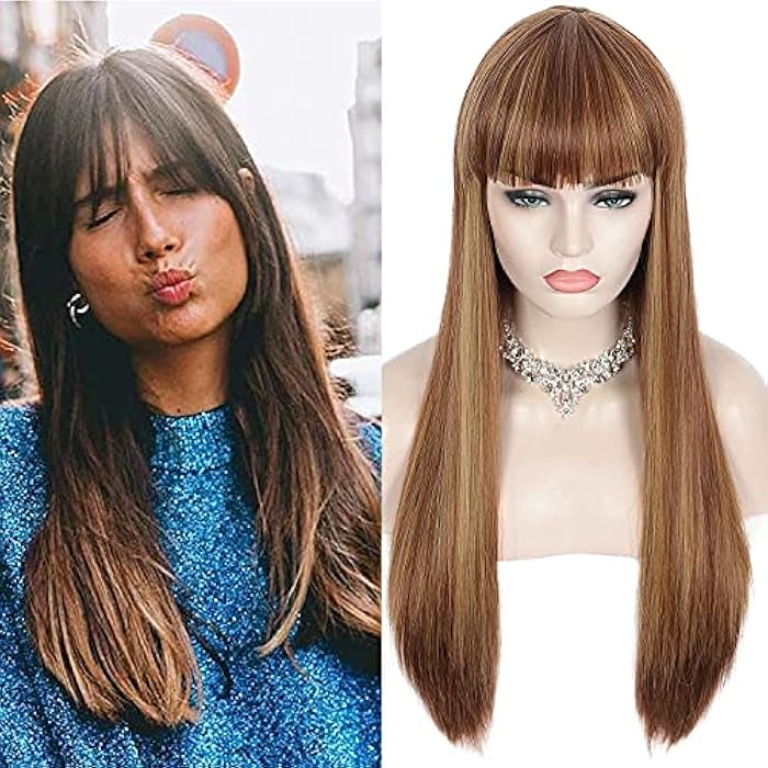 DILLARDS Sotica Long Straight Brown Mix Blonde Highlights Wigs With Bangs For White And Black Women 28 Inch Synthetic Highlights Wigs Natural Look Hair Wigs Heat Resistant Fibre For Daily Party Use - Image 5